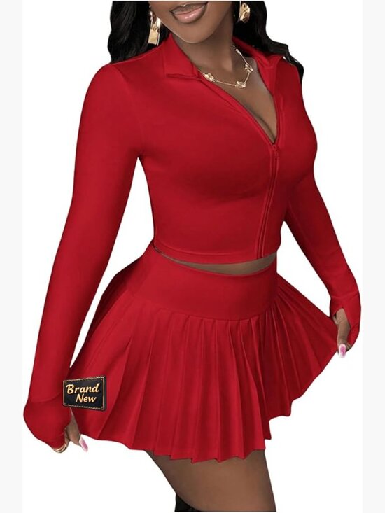 Tops - 2 Piece Skirt Set Crop Top Pleated Mini Skirt Set